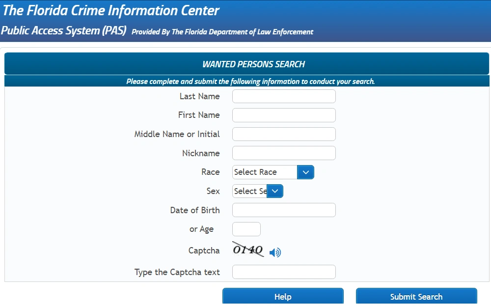 A screenshot of the Public Access System portal displaying the Wanted Persons Search tool maintained by the Florida Department of Law Enforcement that is searchable by completing the information needed to identify an individual.