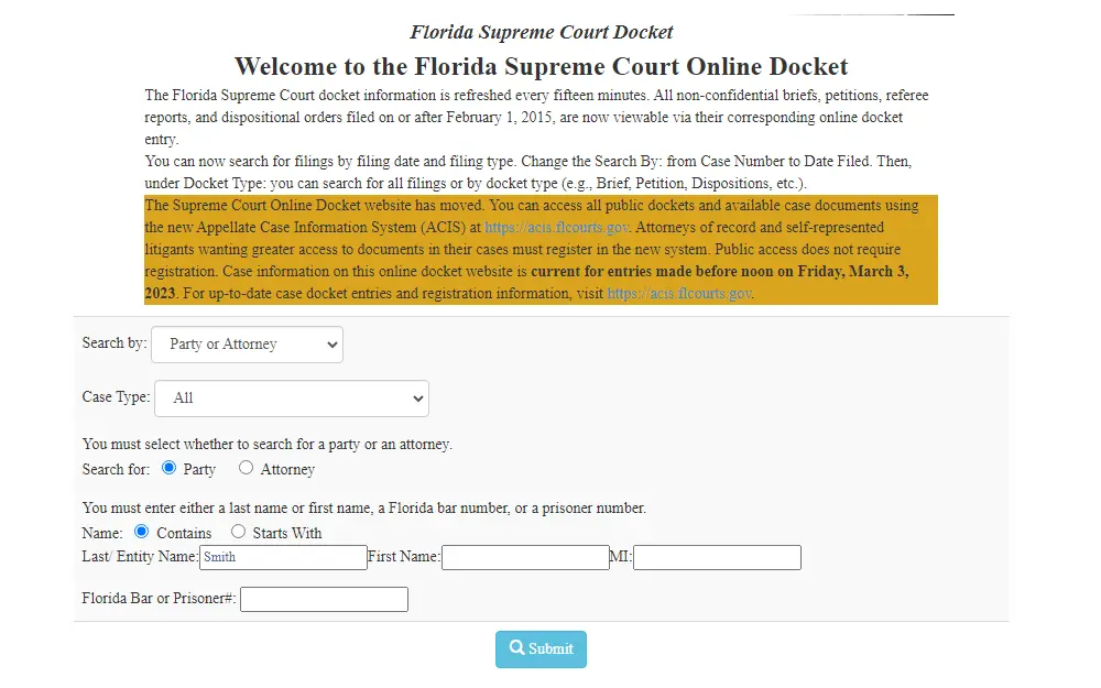 A screenshot of the Florida Supreme Court Online Docket tool where searchers may look for cases by providing the party's name, case number, or other information.