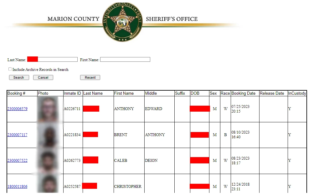 A screenshot of the Marion County Sheriff's Office Inmate Search tool with sample results showing the inmate's booking number, mugshot, inmate ID, full name, DOB, sex, race, booking date, release date, and custody status.