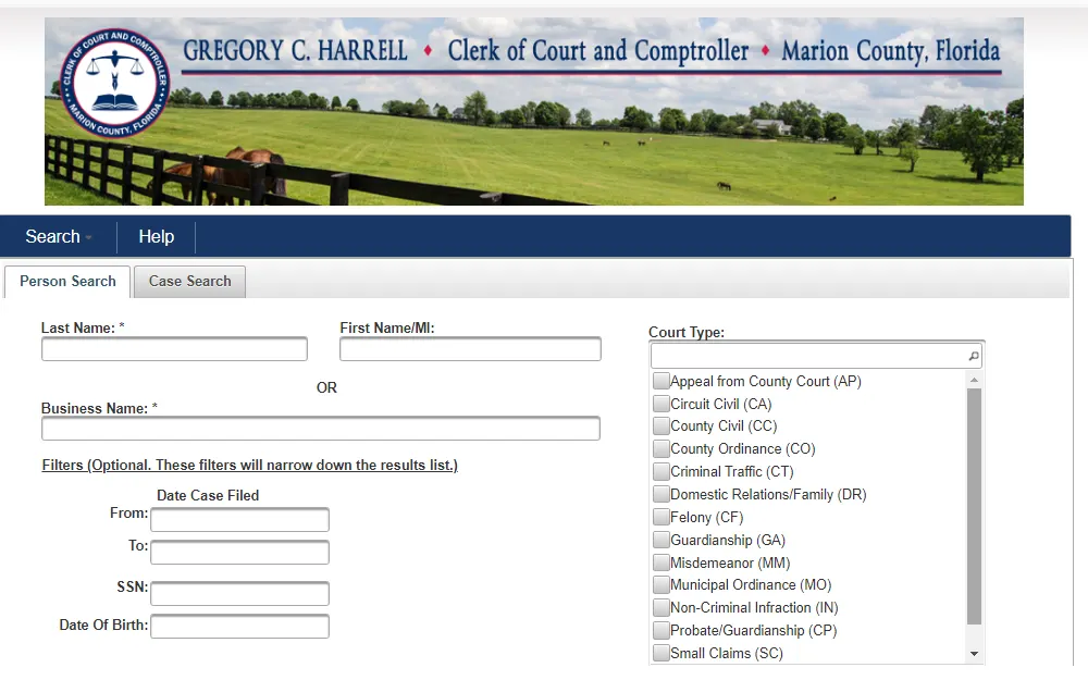A screenshot of the Online Case Record Search tool of the Marion County Clerk of Court and Comptroller that is searchable by providing either the party's first and last name, the business name, or the case number.