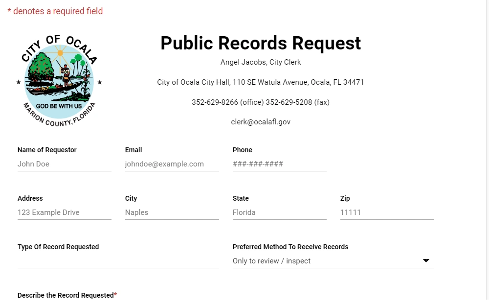 A screenshot displaying the fillable Public Records Request form provided by the City of Ocala requiring the requestor's name, email address, phone number, mailing address, type of record requested, the preferred method to receive records, and the description of the record being requested.