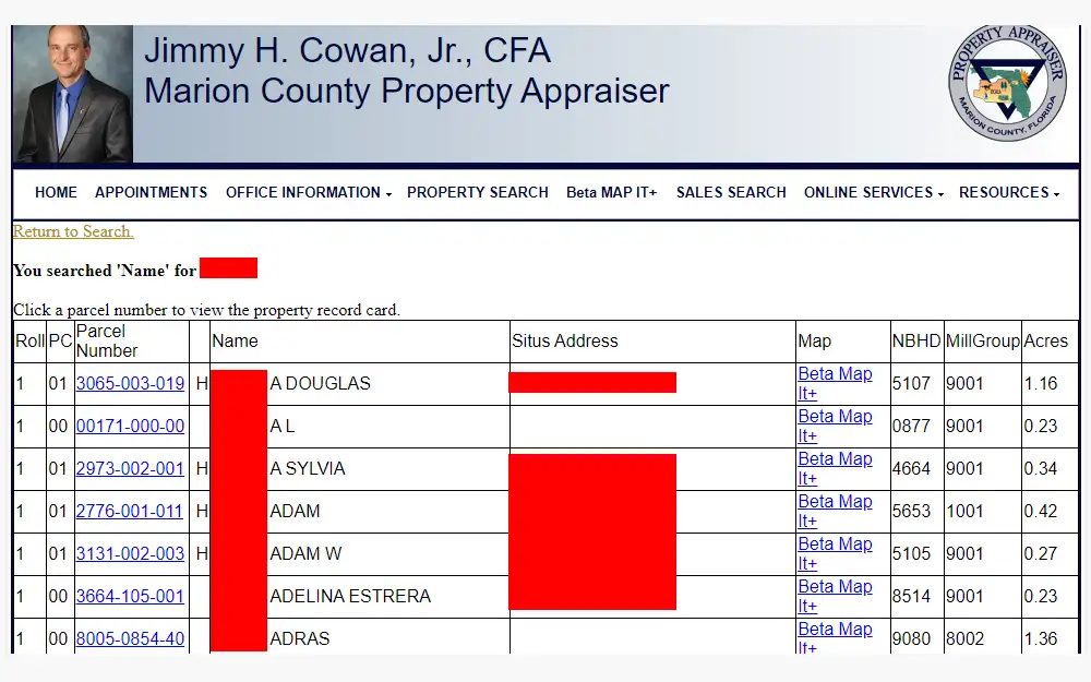 A screenshot of the property search tool Marion County Property Appraiser provided showing sample results or a list of property owners with their names, addresses, maps, NBHD, Mill Group, parcel number, acres, and links routing to further information.