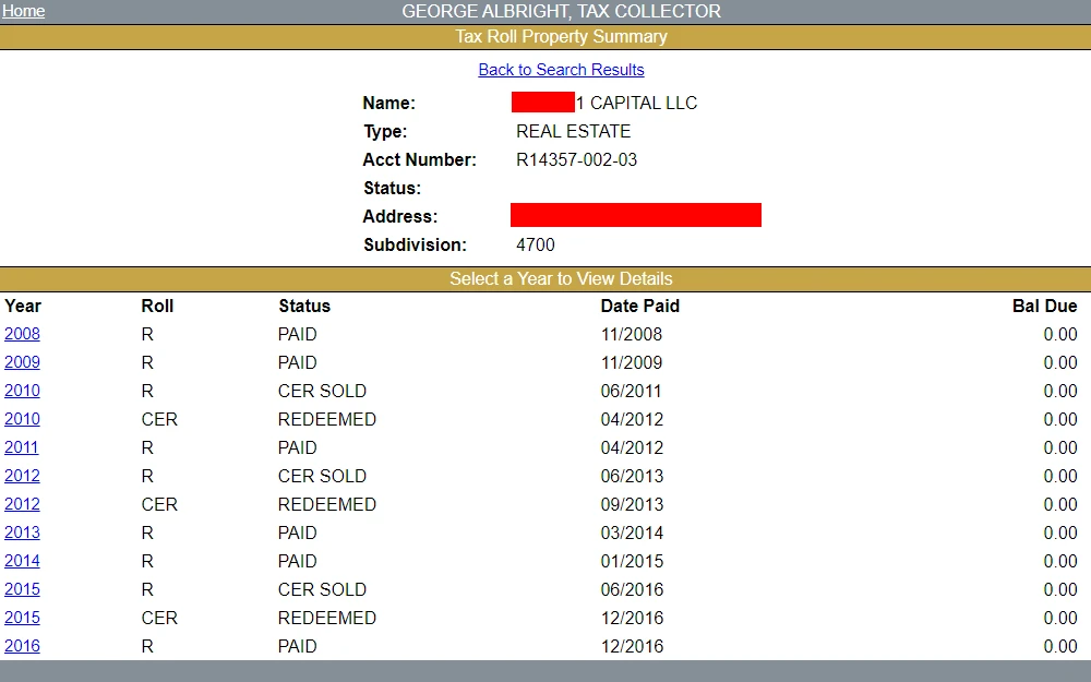 A screenshot of a sample Tax Roll Property Summary taken from the Property Tax Search tool maintained by the Marion County Tax Collector, showing the details of the tax payments that the property owner paid over the years.