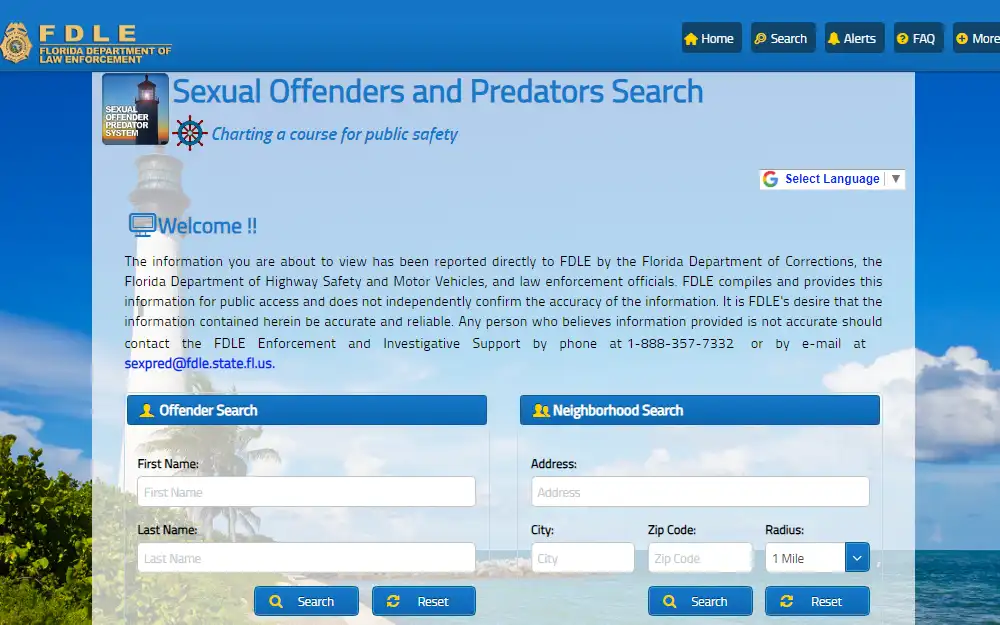 A screenshot of the Sexual Offenders and Predators Search tool maintained by the Florida Department of Law Enforcement, where interested individuals may search for sexual offenders by providing their name or location.