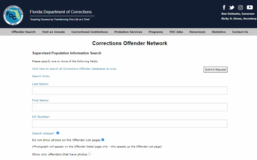 A screenshot of the Corrections Offender Network of the Florida Department of Corrections, where anyone can search for information on supervised offenders in Florida.
