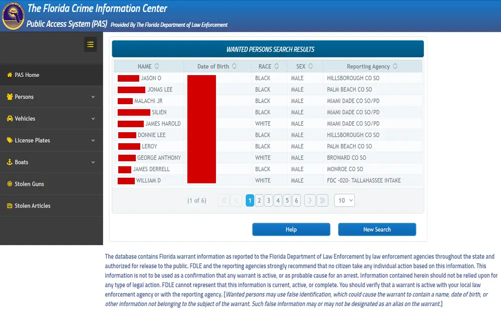 A screenshot from the Florida Crime Information Center Public Access System showing a search results table for wanted persons, which lists names, birth dates, race, sex, and reporting agencies, with a disclaimer regarding the usage of this information and instructions for law enforcement verification.