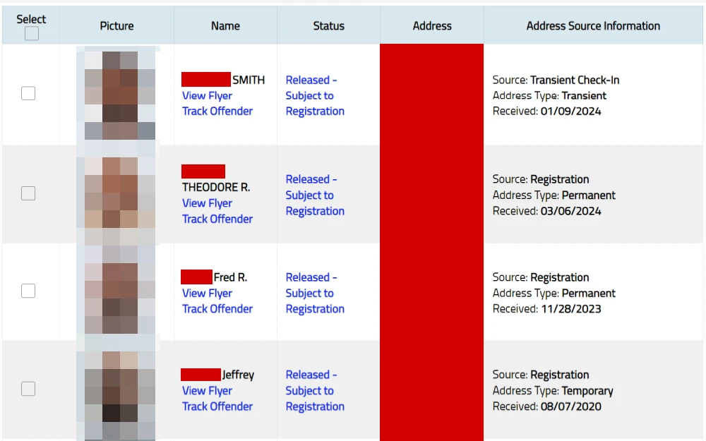 A screenshot displaying offender search results showing picture, full name, status, address and address source information from the Florida Department of Law Enforcement, Criminal History Services website.