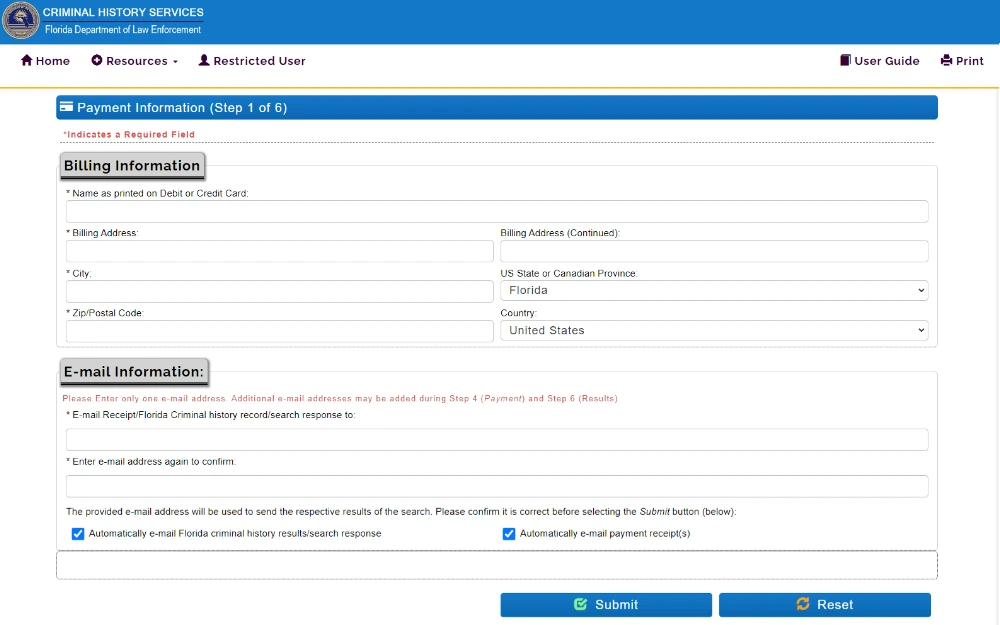 A screenshot shows the payment information online form to be filled in with billing information, including the name printed on the debit or credit card, billing address, city, US state or Canadian province, country, and email information.