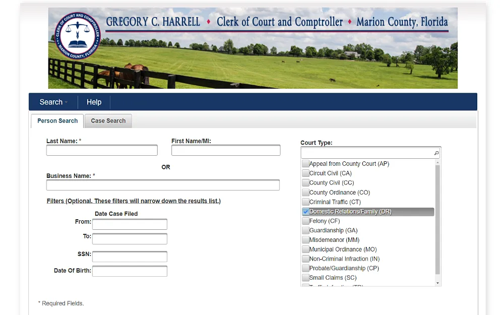 A screenshot showing the Marion County person search with criteria such as last name, first name, middle initial, business name, case filed duration dates, SSN, date of birth and court type selection from the Clerk of Court and Comptroller website.