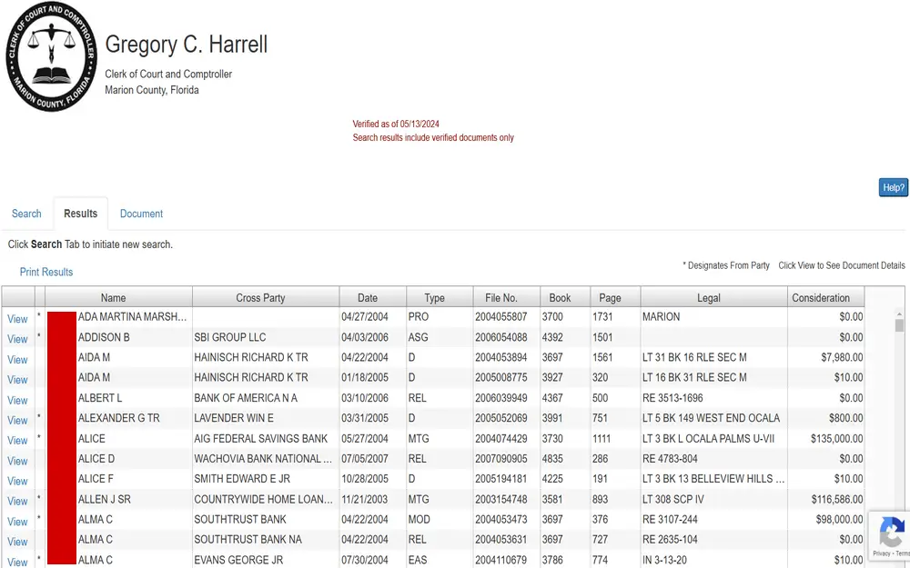 A screenshot of the records search tool made available by the Marion County Clerk of Court and Comptroller displaying sample results with the records' details such as names, cross-party, date, document type, file number, book and page number, and other information.