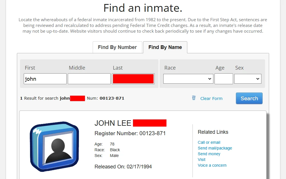 A screenshot from the Federal Bureau of Prisons inmate search interface showing a search form with name filters and result displaying basic inmate information.