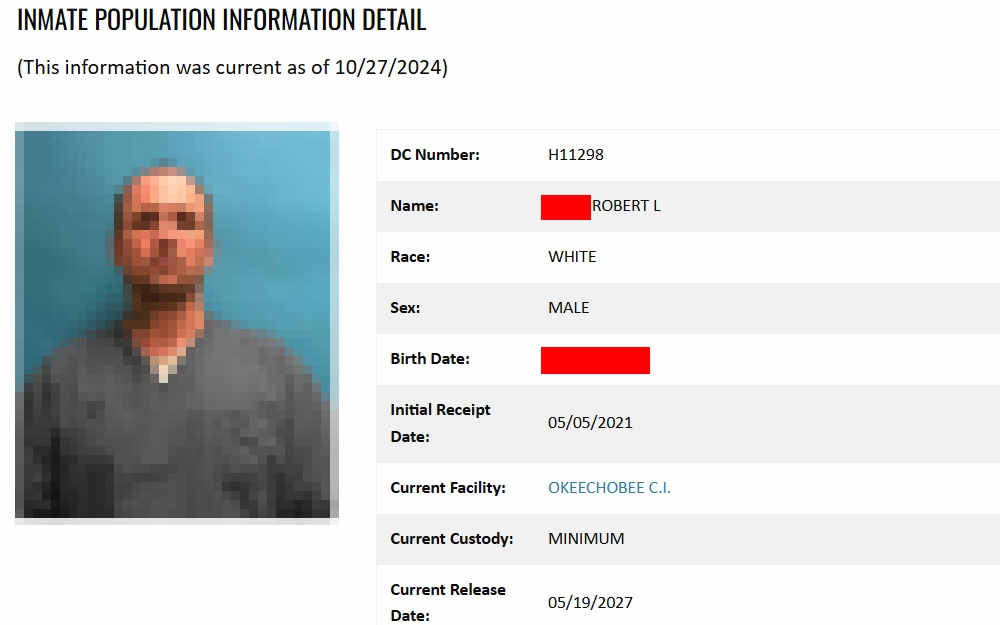 A screenshot of FDC inmate information detail page showing a prisoner photo alongside personal details including DC number, demographic information, facility and custody date.