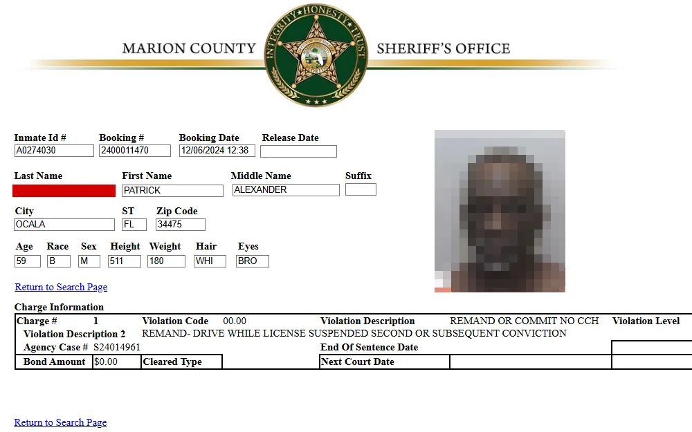 A screenshot from the Marion County Sheriff's Office website showing inmate record, including booking details, personal information, and charge details, with offender photo and the department logo at the top.