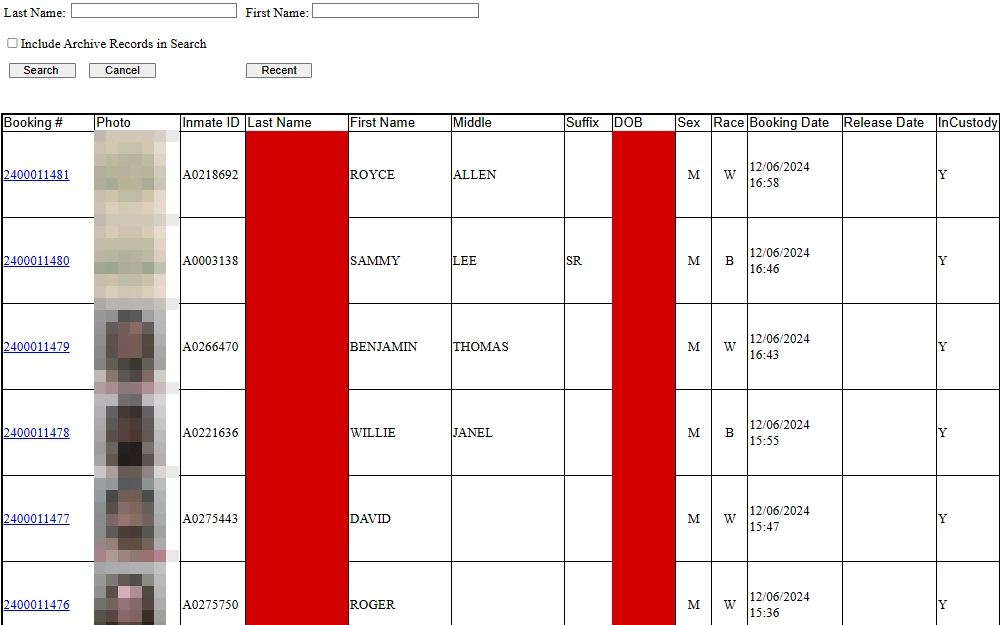 A screenshot of the Marion County Sheriff's Office recent jail booking log showing list of inmates with booking numbers, ID numbers, names, demographic information, and booking photos.